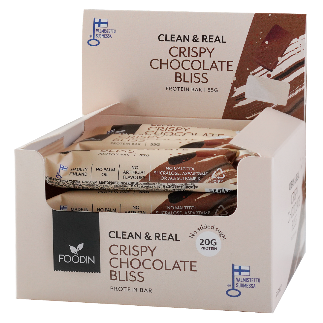Foodin Clean & Real Protein Bar Crispy Chocolate Bliss - Proteiinipatukka 12 x 55 g TUKKUPAKKAUS - Sinunapteekki.fi