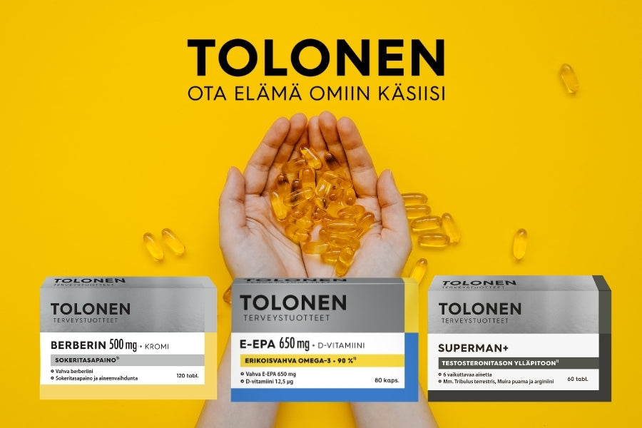 Tolonen terveystuotteet -sarja sisältää laajan valikoiman tuotteita hyvinvoinnin tueksi.