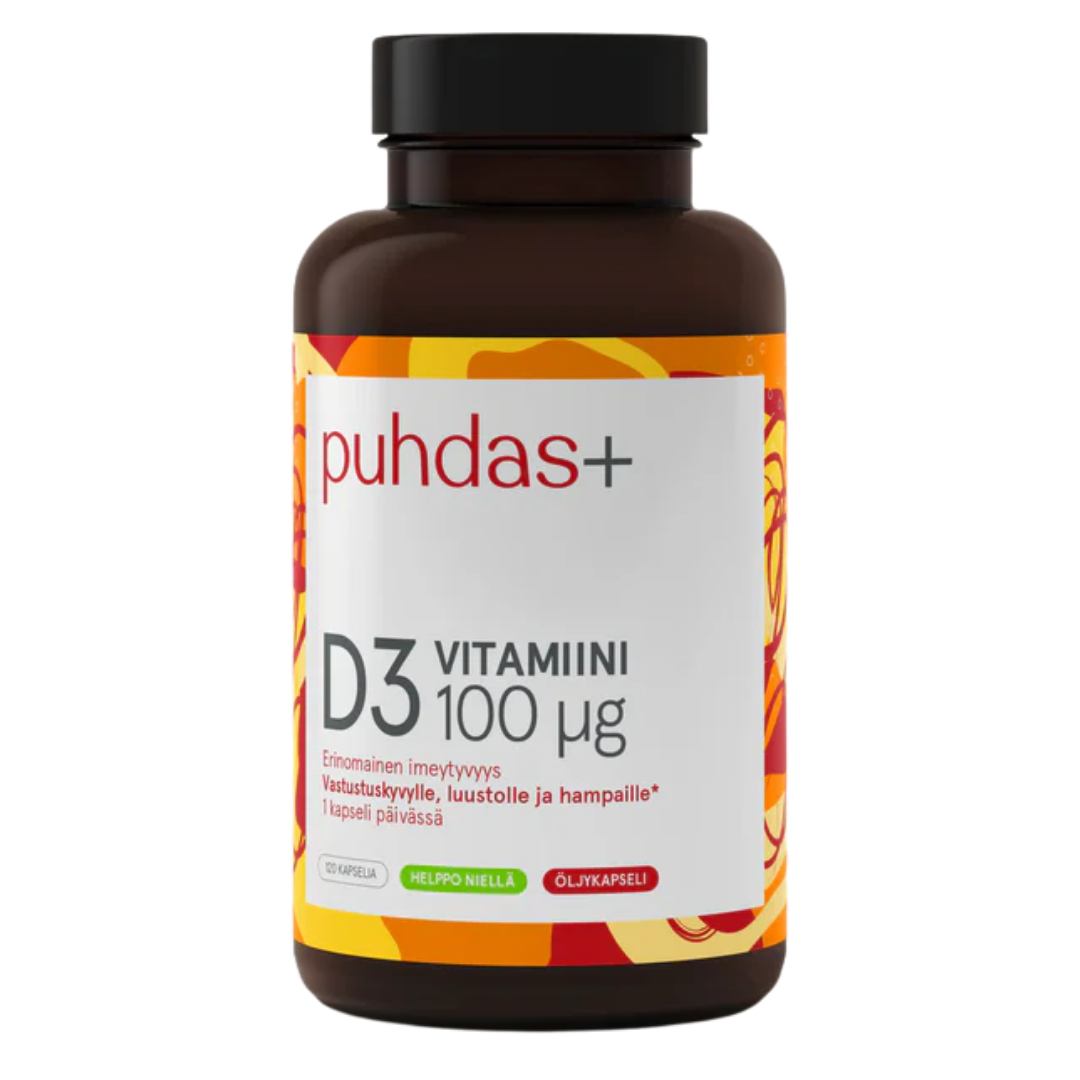 Puhdas+ D3-vitamiini Oliiviöljy 100 µg 120 kaps.