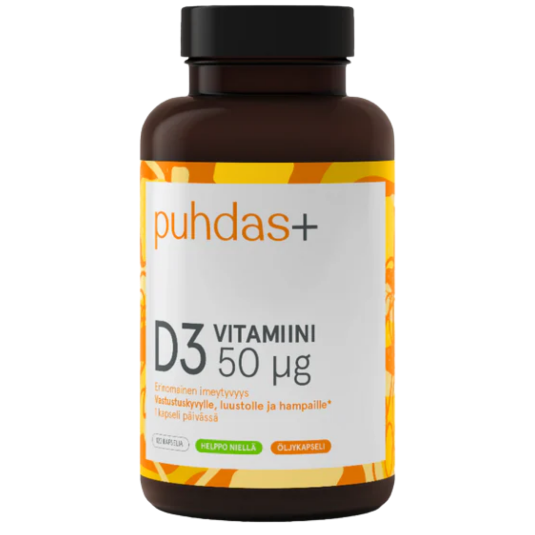 Puhdas+ D3-vitamiini Oliiviöljy 50 µg 120 kaps.
