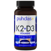 Puhdas+ K2-vitamiini 120 µg + D3-vitamiini 50 µg 60 kaps.