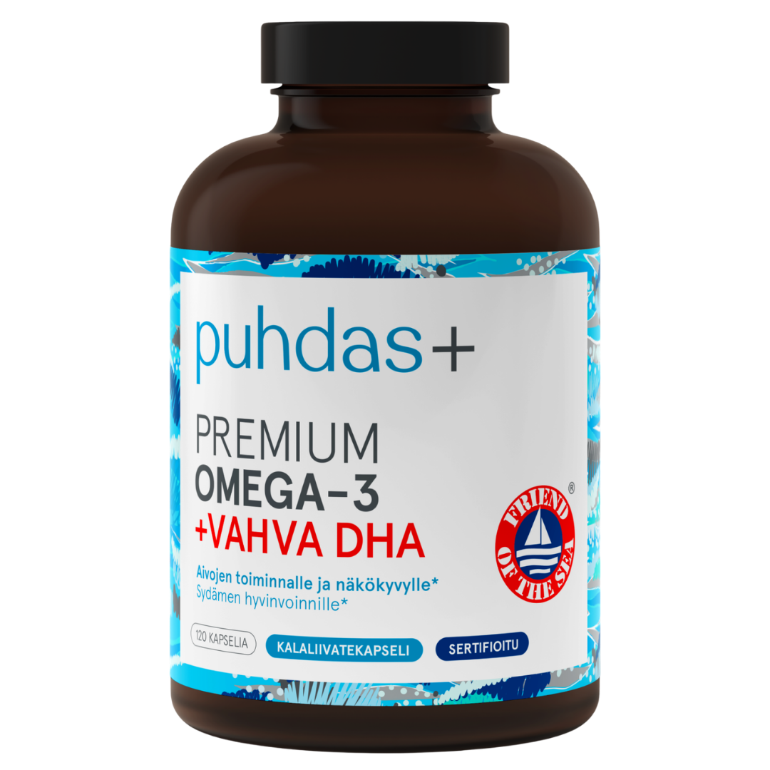 Puhdas+ Premium Omega-3 + Vahva DHA - Rasvahappovalmiste 120 kaps.