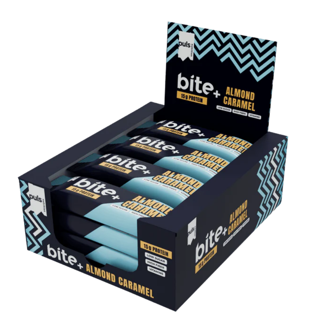 Puls Nutrition Bite+ Proteiinipatukka Almond Caramel,  Proteiinipatukka Manteli Karamelli, 12 x 50 g, TUKKUPAKKAUS