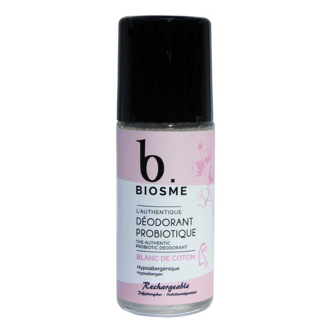 Hellävarainen ja luonnollinen Biosme Probiotic Deodorant Blanc de Coton - Roll-On Deodorantti makean mantelin tuoksussa.