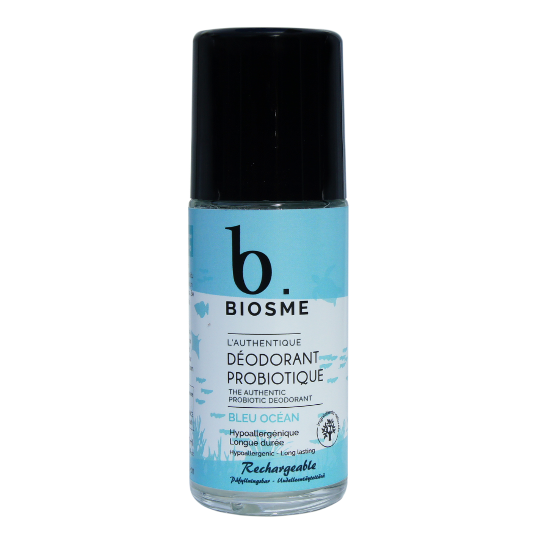 Luonnollinen ja tehokas Biosme Probiotic Deodorant Bleu Ocean - Roll-On Deodorantti raikkaan meren tuoksussa.