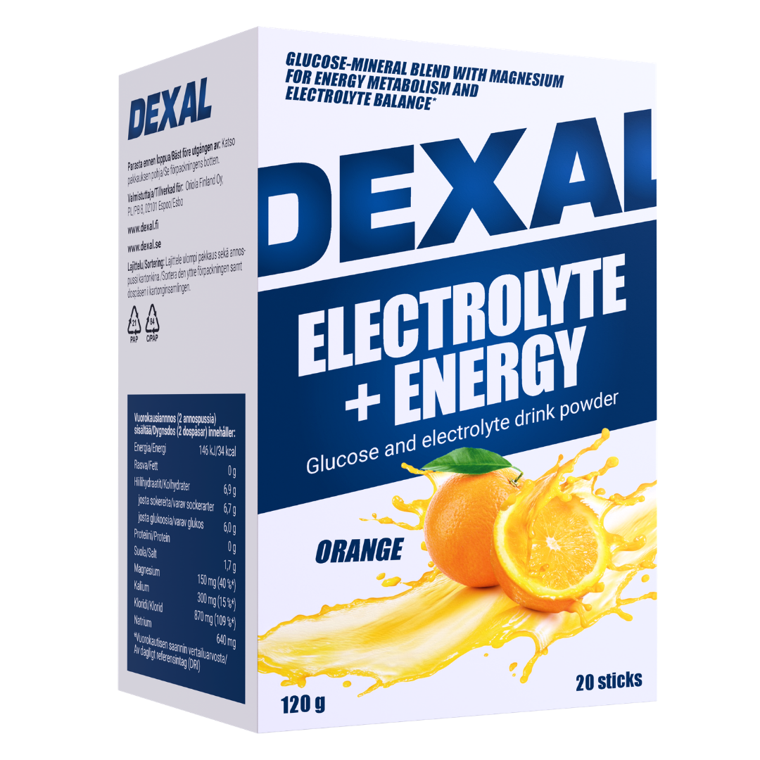 Dexal Electrolyte + Energy & Glucose - Glukoosi ja Elektrolyytijuomajauhe 20 pss.
