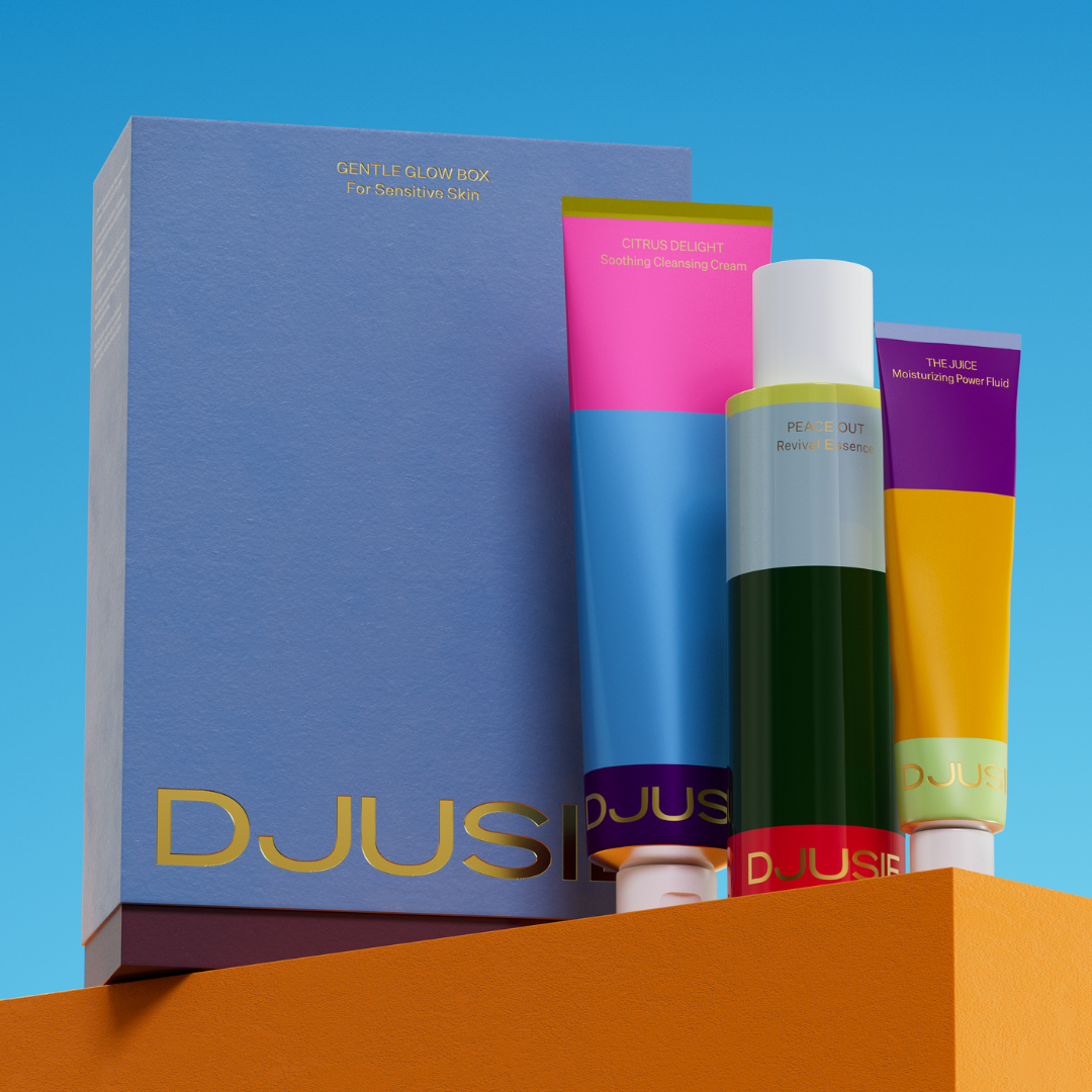 Djusie Gentle Glow Box -tuotesetti sisältää kolme täysikokoista, toisiaan täydentävää ihonhoitotuotetta, jotka puhdistavat, kosteuttavat ja hoitavat ihoa hellävaraisesti.