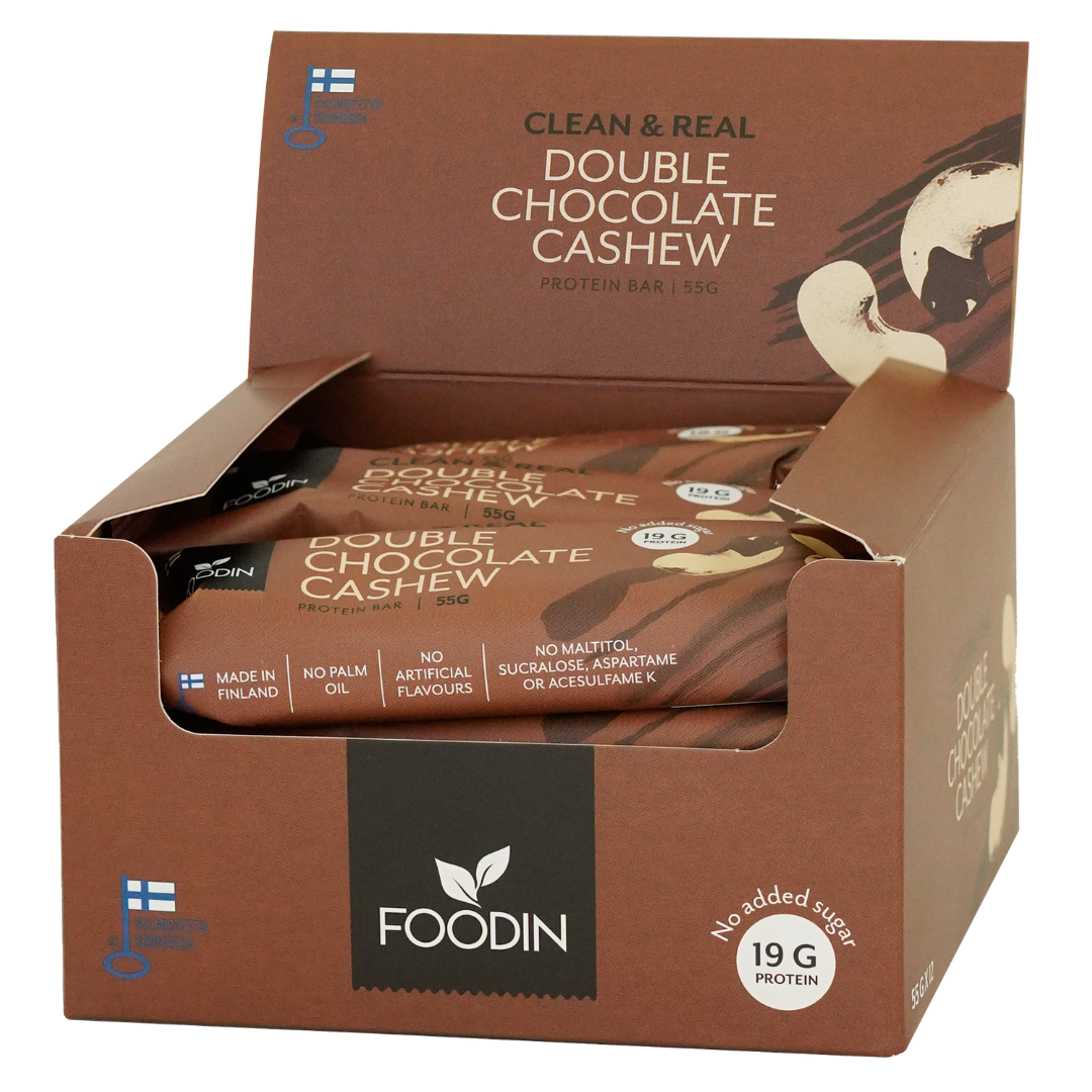 Foodin Clean & Real Double Chocolate Cashew - Proteiinipatukka tukkupakkaus 12 x 55 g - Sinunapteekki.fi