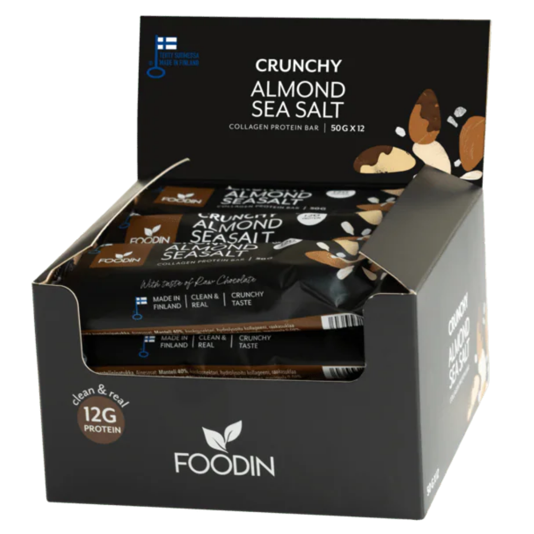 Foodin Crunchy Collagen Protein Bar Almond Seasalt - Kollageeni patukka - tukkupakkaus 50 g x 12 kpl - Sinunapteekki.fi