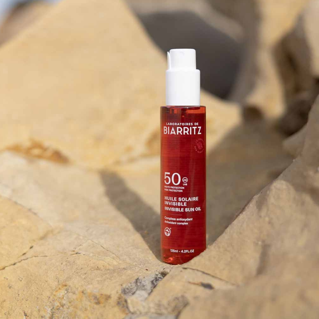 Hiuksille, kasvoille ja vartalolle sopiva aurinkosuojaöljy SPF50