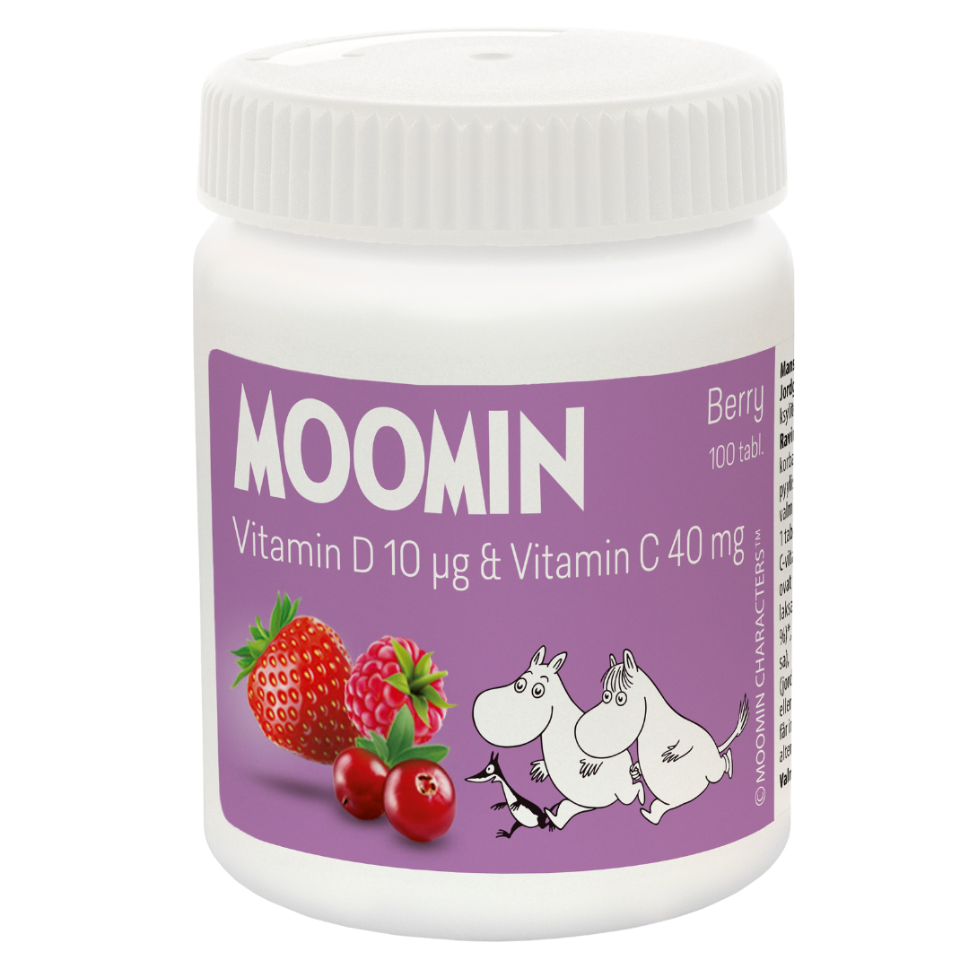 Moomin Vitamin D 10 µg & Vitamin C 40 mg Berry  - D & C-Vitamiini Purutabletti 100 tabl. - Sinunateekki.fi