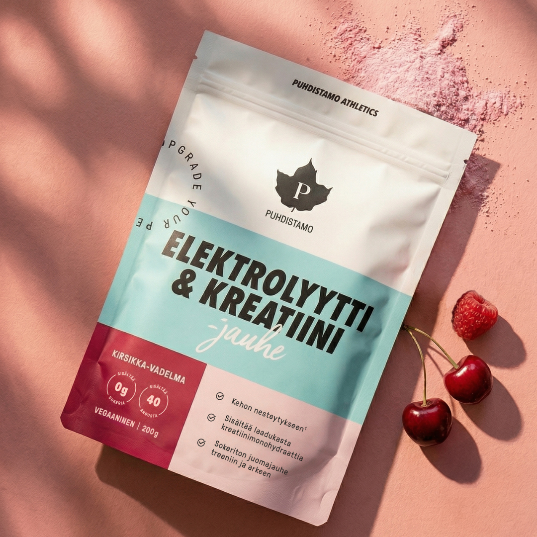 Puhdistamo Elektrolyytti & Kreatiini -jauhe raikkaassa kirsikka-vadelman maussa aktiiviseen arkeen