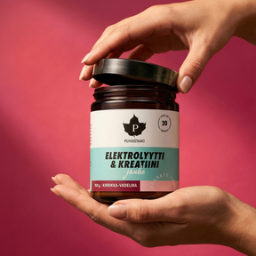 Puhdistamo Elektrolyytti & Kreatiini -jauhe raikkaassa kirsikka-vadelman maussa aktiiviseen arkeen