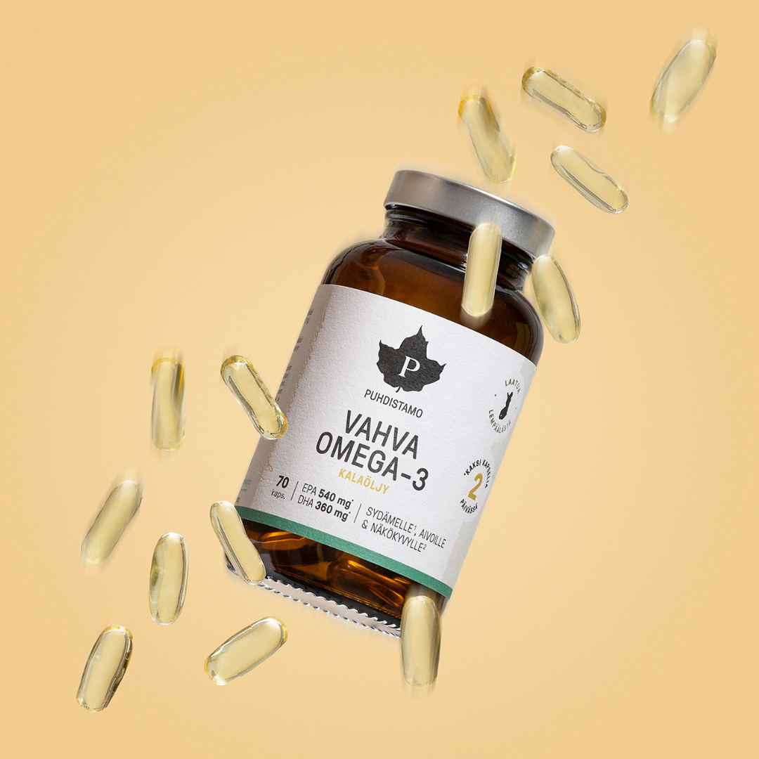 Puhdistamo Vahva Omega-3 kalaöljyvalmiste sydämelle, aivoille ja näkökyvylle