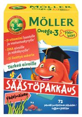 Möller Omega-3 Pikkukalat Vadelmainen - Säästöpakkaus 72 pureskeltavaa pikkukalaa - Sinunapteekki.fi